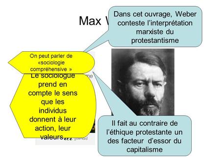Max Weber 1864 – 1920 Sociologue allemand Dans cet ouvrage, Weber conteste l’interprétation marxiste du protestantisme Il fait au contraire de l’éthique.