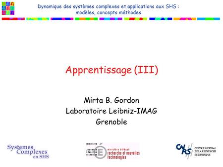 Apprentissage (III) Mirta B. Gordon Laboratoire Leibniz-IMAG Grenoble Dynamique des systèmes complexes et applications aux SHS : modèles, concepts méthodes.