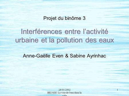 28/01/2002 BEI SEE: La voie de l'eau dans la ville 1 Interférences entre l’activité urbaine et la pollution des eaux Projet du binôme 3 Interférences entre.