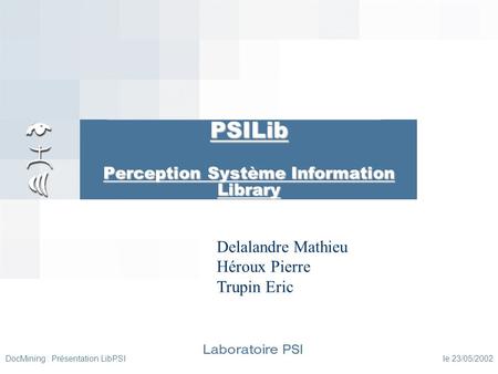 DocMining : Présentation LibPSI le 23/05/2002 PSILib Perception Système Information Library Delalandre Mathieu Héroux Pierre Trupin Eric.