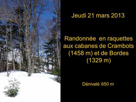 Jeudi 21 mars 2013 Randonnée en raquettes aux cabanes de Crambots (1458 m) et de Bordes (1329 m) Dénivelé 650m.