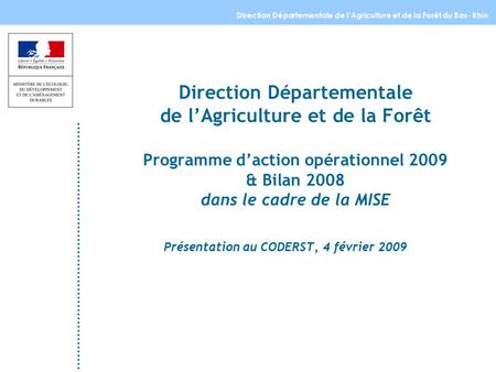 Direction Départementale de l’Agriculture et de la Forêt Programme d’action opérationnel 2009 & Bilan 2008 dans le cadre de la MISE Présentation au CODERST,