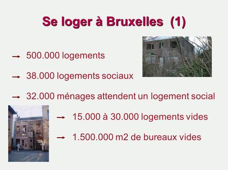 Se loger à Bruxelles (1) 500.000 logements 38.000 logements sociaux 32.000 ménages attendent un logement social 15.000 à 30.000 logements vides 1.500.000.