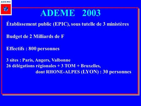 ADEME 2003 Établissement public (EPIC), sous tutelle de 3 ministères