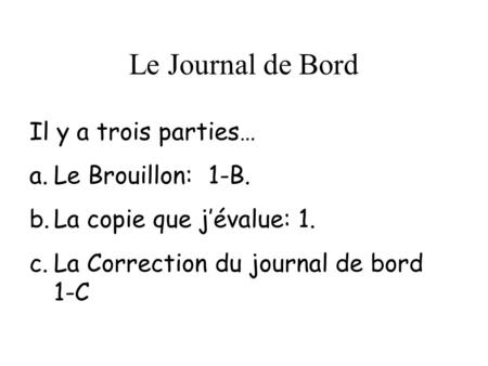 Le Journal de Bord Il y a trois parties… Le Brouillon: 1-B.