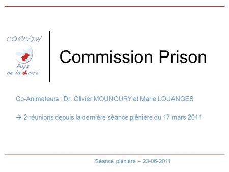 Commission Prison Co-Animateurs : Dr. Olivier MOUNOURY et Marie LOUANGES  2 réunions depuis la dernière séance plénière du 17 mars 2011 Séance plénière.