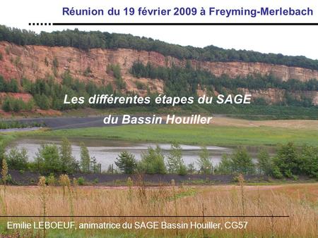 Les différentes étapes du SAGE du Bassin Houiller Réunion du 19 février 2009 à Freyming-Merlebach Emilie LEBOEUF, animatrice du SAGE Bassin Houiller, CG57.