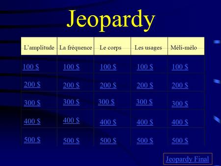 Jeopardy L’amplitudeLa fréquenceLe corpsLes usages Méli-mélo 100 $ 200 $ 300 $ 400 $ 500 $ 100 $ 200 $ 300 $ 400 $ 500 $ Jeopardy Final.