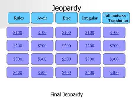 Jeopardy $100 RulesAvoirEtreIrregular Full sentence Translation $200 $300 $400 $300 $200 $100 $400 $300 $200 $100 $400 $300 $200 $100 $400 $300 $200 $100.