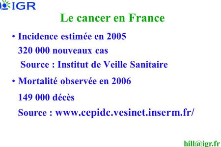 Le cancer en France Incidence estimée en 2005 320 000 nouveaux cas Source : Institut de Veille Sanitaire Mortalité observée en 2006 149 000.