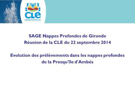 SAGE Nappes Profondes de Gironde Réunion de la CLE du 22 septembre 2014 Evolution des prélèvements dans les nappes profondes de la Presqu'île d'Ambés.