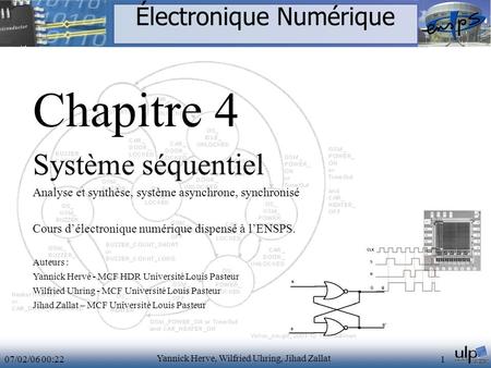 07/02/06 00:22 Yannick Herve, Wilfried Uhring, Jihad Zallat 1 Électronique Numérique Chapitre 4 Système séquentiel Analyse et synthèse, système asynchrone,