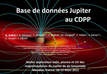 Atelier exploration radio, plasma et UV des magnétosphères de Jupiter de de Ganymède Meudon, France, 14-15 Mars 2011 Base de données Jupiter au CDPP N.