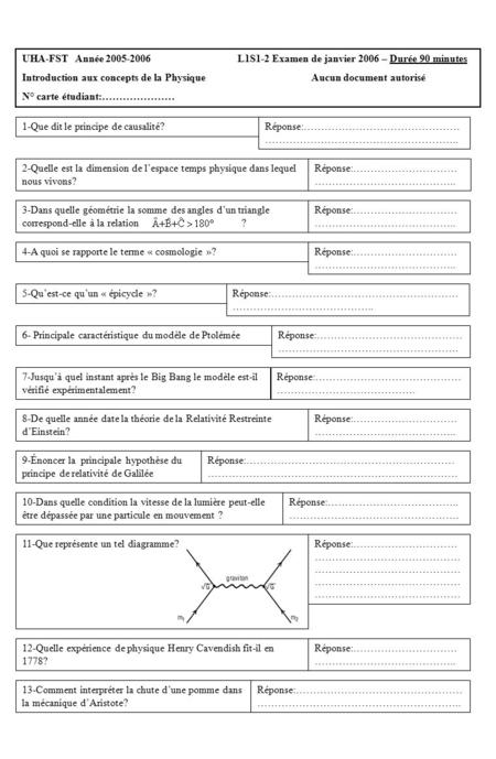 UHA-FST Année 2005-2006 L1S1-2 Examen de janvier 2006 – Durée 90 minutes Introduction aux concepts de la Physique Aucun document autorisé N° carte étudiant:…………………