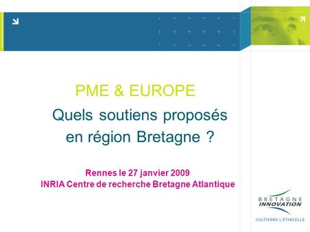 PME & EUROPE Quels soutiens proposés en région Bretagne ? Rennes le 27 janvier 2009 INRIA Centre de recherche Bretagne Atlantique.