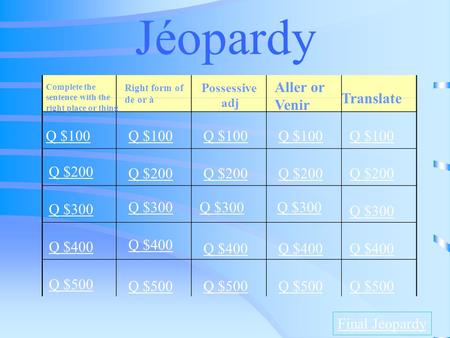 Jéopardy Complete the sentence with the right place or thing Right form of de or à Possessive adj Aller or Venir Translate Q $100 Q $200 Q $300 Q $400.