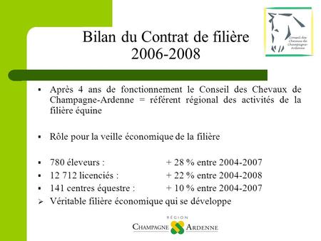 Bilan du Contrat de filière 2006-2008  Après 4 ans de fonctionnement le Conseil des Chevaux de Champagne-Ardenne = référent régional des activités de.