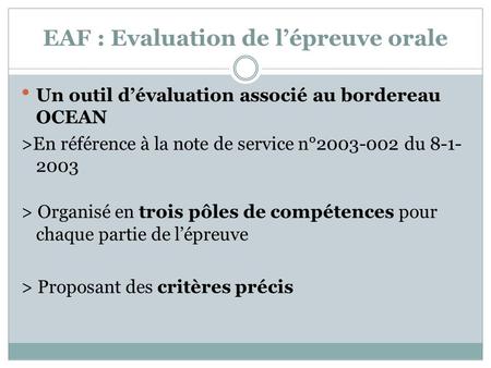 EAF : Evaluation de l’épreuve orale