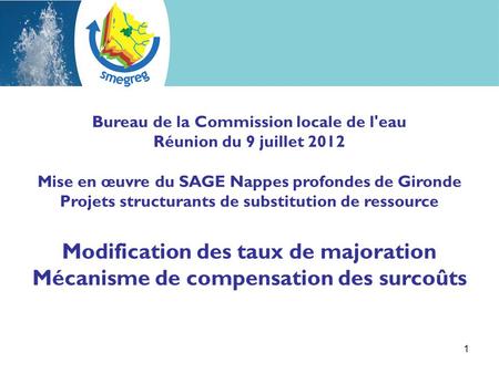 1 Bureau de la Commission locale de l'eau Réunion du 9 juillet 2012 Mise en œuvre du SAGE Nappes profondes de Gironde Projets structurants de substitution.