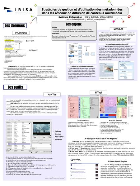 1 : Le nom du fichier contenant les métadonnées. 2 : Affichage des données du programme (Varie selon le mode – lecture/saisie). 3 : Application de filtres.