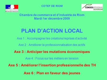COTEF DE RIOM Chambre de commerce et d’industrie de Riom Mardi 1er décembre 2009 PLAN D’ACTION LOCAL Axe 1 : Accompagner les créations/reprises d’activité.