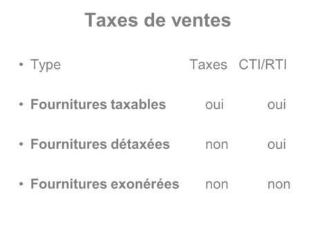 Taxes de ventes Type Taxes CTI/RTI Fournitures taxables ouioui Fournitures détaxéesnonoui Fournitures exonéréesnonnon.