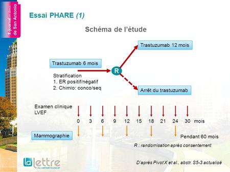 Essai PHARE (1) Trastuzumab 6 mois Arrêt du trastuzumab Trastuzumab 12 mois Stratification 1. ER positif/négatif 2. Chimio: conco/seq R Examen clinique.