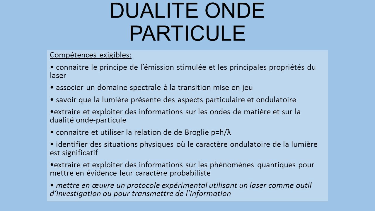 DUALITE ONDE PARTICULE Comp tences exigibles connaitre le