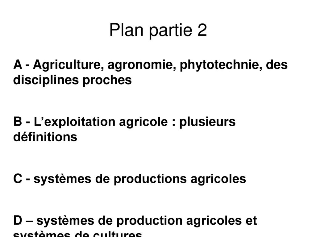 Plan Partie 2 A Agriculture Agronomie Phytotechnie Des Disciplines Proches B L Exploitation Agricole Plusieurs Definitions C Systemes De Productions Ppt Video Online Telecharger