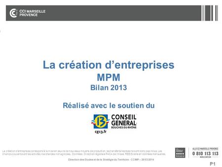 P1 La création d’entreprises MPM Bilan 2013 Réalisé avec le soutien du Direction des Etudes et de la Stratégie du Territoire - CCIMP – 26/03/2014 La création.