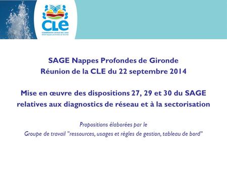 SAGE Nappes Profondes de Gironde Réunion de la CLE du 22 septembre 2014 Mise en œuvre des dispositions 27, 29 et 30 du SAGE relatives aux diagnostics de.
