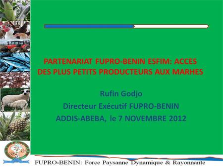 PARTENARIAT FUPRO-BENIN ESFIM: ACCES DES PLUS PETITS PRODUCTEURS AUX MARHES Rufin Godjo Directeur Exécutif FUPRO-BENIN ADDIS-ABEBA, le 7 NOVEMBRE 2012.