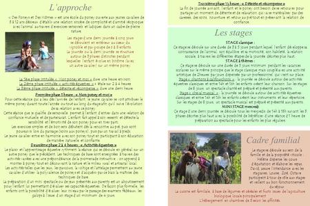 La 1ère phase intitulée « Mon poney et moi » dure une heure environ. La 2ième phase intitulée « activités équestres » s ’étale sur 2 à 4 heures La 3ième.