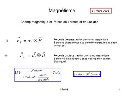Magnétisme Champ magnétique et forces de Lorentz et de Laplace .