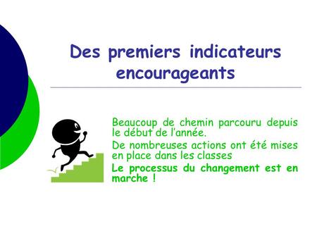 Des premiers indicateurs encourageants Beaucoup de chemin parcouru depuis le début de l’année. De nombreuses actions ont été mises en place dans les classes.