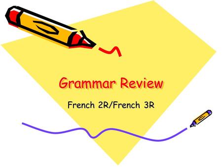 Grammar Review French 2R/French 3R. Present Tense 2 possible uses in English –Example: Je vais à la plage. I am going to the beach. I go to the beach.