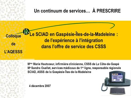 Le SCIAD en Gaspésie-Îles-de-la-Madeleine : de l’expérience à l’intégration dans l’offre de service des CSSS 4 décembre 2007 Un continuum de services…