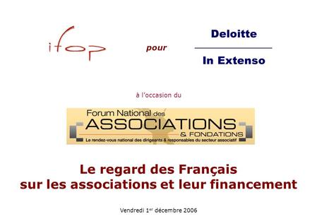 Le regard des Français sur les associations et leur financement Vendredi 1 er décembre 2006 pour Deloitte In Extenso à l’occasion du.