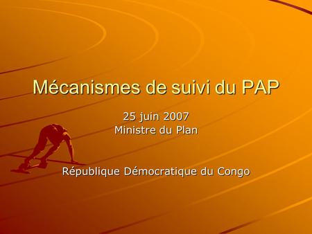 Mécanismes de suivi du PAP 25 juin 2007 Ministre du Plan République Démocratique du Congo.