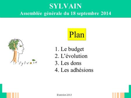 Exercice 2013 SYLVAIN Assemblée générale du 18 septembre 2014 1. Le budget 2. L’évolution 3. Les dons 4. Les adhésions Plan.
