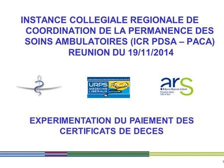 1 INSTANCE COLLEGIALE REGIONALE DE COORDINATION DE LA PERMANENCE DES SOINS AMBULATOIRES (ICR PDSA – PACA) REUNION DU 19/11/2014 EXPERIMENTATION DU PAIEMENT.