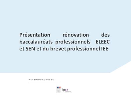 Présentation rénovation des baccalauréats professionnels ELEEC et SEN et du brevet professionnel IEE IGEN - STI> mardi 24 mars 2015.