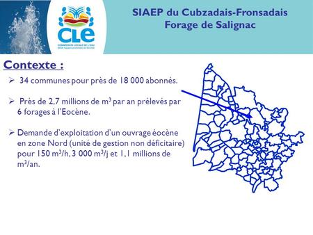 SIAEP du Cubzadais-Fronsadais Forage de Salignac Contexte :  34 communes pour près de 18 000 abonnés.  Près de 2,7 millions de m 3 par an prélevés par.