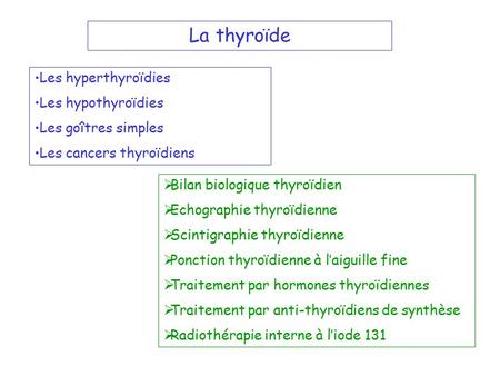 La thyroïde Les hyperthyroïdies Les hypothyroïdies Les goîtres simples