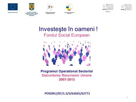 1 2007-2013 Investeşte în oameni ! Fondul Social European Programul Operational Sectorial Dezvoltarea Resurselor Umane 2007-2013 POSDRU/87/1.3/S/62665/62771.