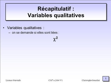 1 1 Licence Stat-info CM7 a 2004 V1Christophe Genolini Récapitulatif : Variables qualitatives Variables qualitatives : –on se demande si elles sont liées.