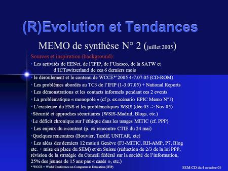 (R)Evolution et Tendances MEMO de synthèse N° 2 ( juillet 2005 ) Sources et inspiration (background): Les activités de EENet, de l’IFIP, de l’Unesco, de.