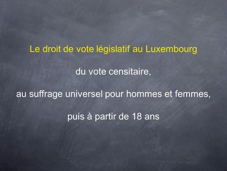 Le droit de vote législatif au Luxembourg du vote censitaire, au suffrage universel pour hommes et femmes, puis à partir de 18 ans.
