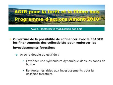 AGIR pour la forêt et la filière bois Programme d’actions Amont 2010  Ouverture de la possibilité de cofinancer avec le FEADER les financements des collectivités.