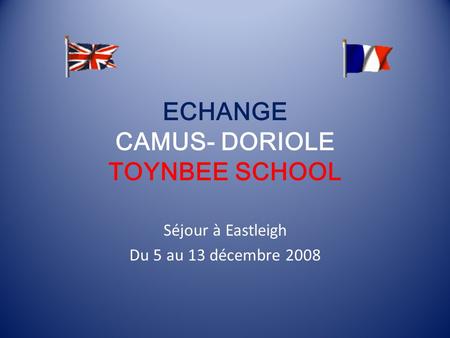 ECHANGE CAMUS- DORIOLE TOYNBEE SCHOOL Séjour à Eastleigh Du 5 au 13 décembre 2008.